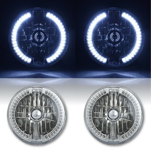 7" Halogen White LED Halo Angel Eyes Headlight Headlamp H4 Light Bulbs 12 Volt