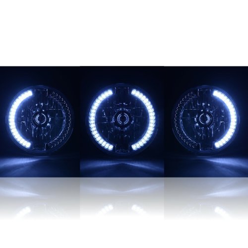 7" Halogen White LED Halo Angel Eyes Headlight Headlamp H4 Light Bulbs 12 Volt