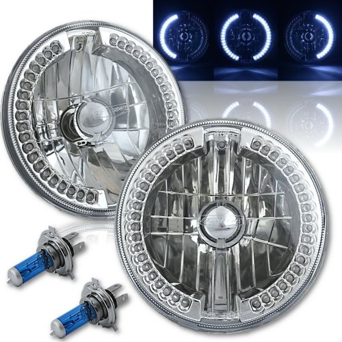 7" Halogen White LED Halo Angel Eyes Headlight Headlamp H4 Light Bulbs 12V