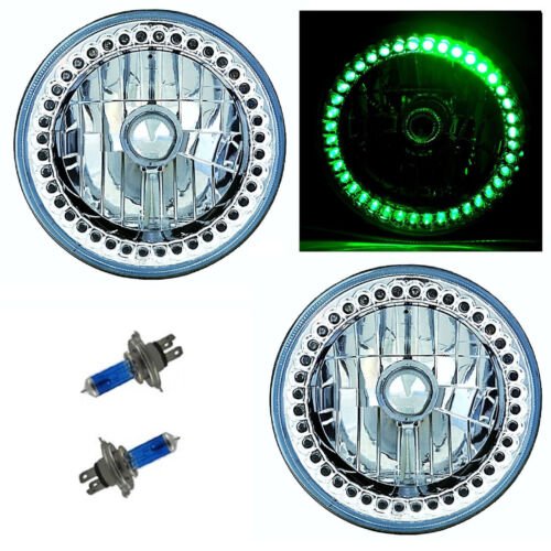 7" Halogen Green LED Halo Ring Angel Eye Headlight Headlamp Light Bulbs Pair Img