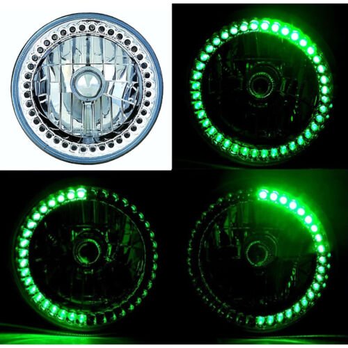 7" Halogen Green LED Halo Ring Angel Eye Headlight Headlamp Light Bulbs Pair Img