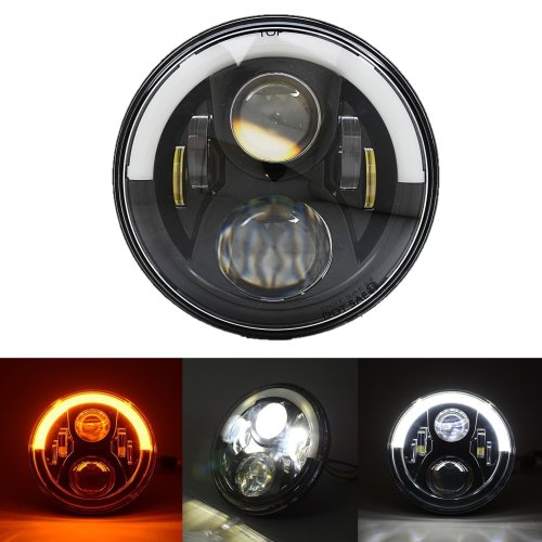 7" Motorcycle Black Projector Octane HID LED Headlight w/ White & Amber DRL