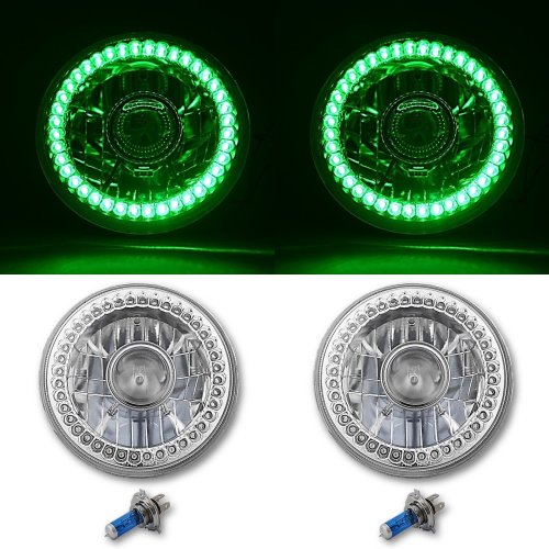 7" Halogen Green SC LED Halo Angel Eye Projector Headlight Light Lamp Bulb Pair