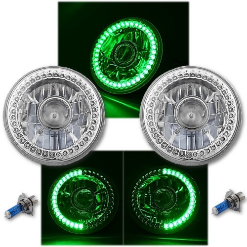 7" Halogen Green SC LED Halo Angel Eye Projector Headlight Light Lamp Bulb Pair