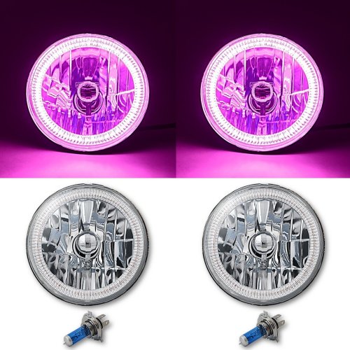 7" SMD Pink LED Halo Angel Eye H4 Headlamp Headlight Halogen Light Bulb Pair