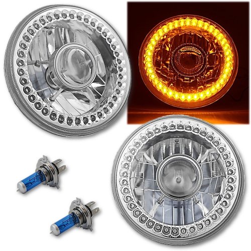 7" Halogen Amber LED Halo Projector Headlight Light Lamp Pair For Jeep Wrangler