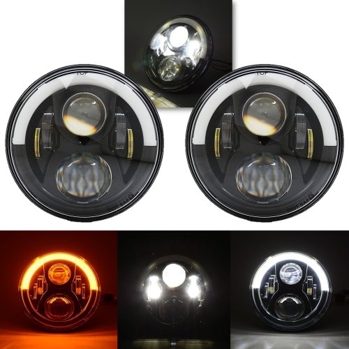 7" Black Projector 6500K LED Octane Headlight White & Amber Eyebrow DRL Pair