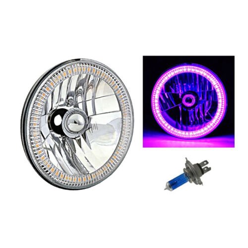 7" Purple SMD LED Halo Angel Eye H4 Halogen 60W Light Bulb Motorcycle Headlight