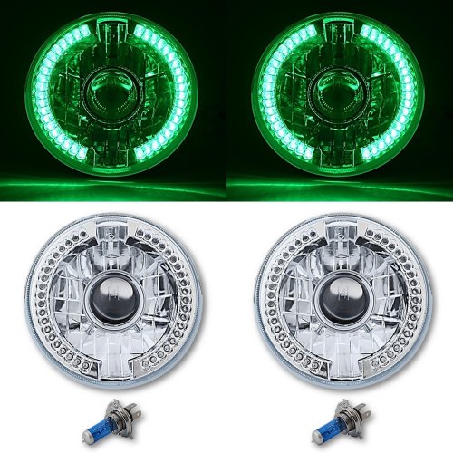 7" Green LED Halo Ring Angel Eye 60w Halogen Projector Headlight Light Bulb Pair