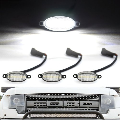 White LED Clear Front Grill Marker Lenses For 09-14 & 17 Ford F-150 SVT Raptor