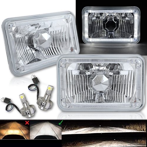 4X6 White Halo Angel Eye H4 Crystal Clear Headlight Headlamp w/ 6k LED Bulb Pair