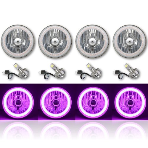 5-3/4" Purple SMD LED Halo Angel Eye H4 Headlight w/ 6k LED Light Bulb Set of 4