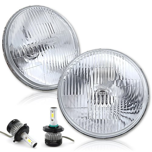 7" Stock Glass Lens/Metal 6v Headlight LED 6K 26/40w H4 Light Bulb Headlamp Pair