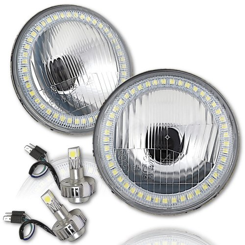 5-3/4" Stock H4 White SMD Angel Eye Halo Headlight w/ 360° LED Light Bulb Set