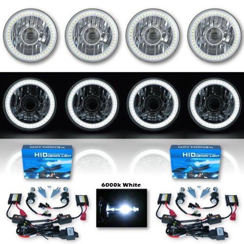 5-3/4" Projector White SMD LED Halo Crystal H4 Headlight & 6k HID Bulb Set of 4