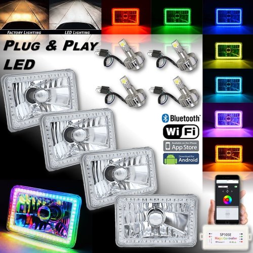 4x6" Bluetooth RGB SMD LED Color Chasing Halo Headlight 18/24w LED Lamp Bulb Set