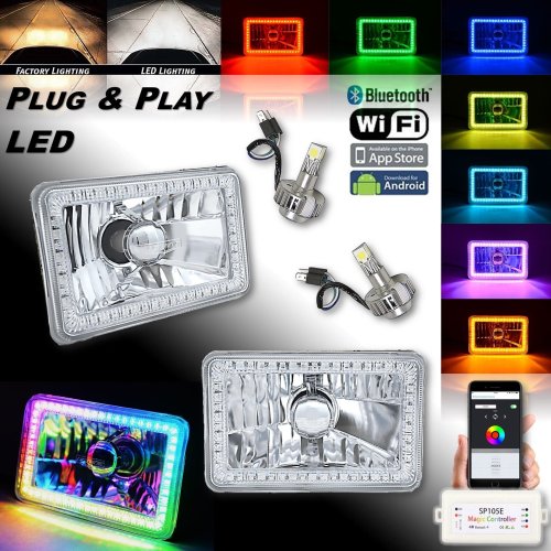 4x6" Bluetooth RGB SMD Color Chasing Halo Headlight 18/24w H4 LED Lamp Bulb PAIR