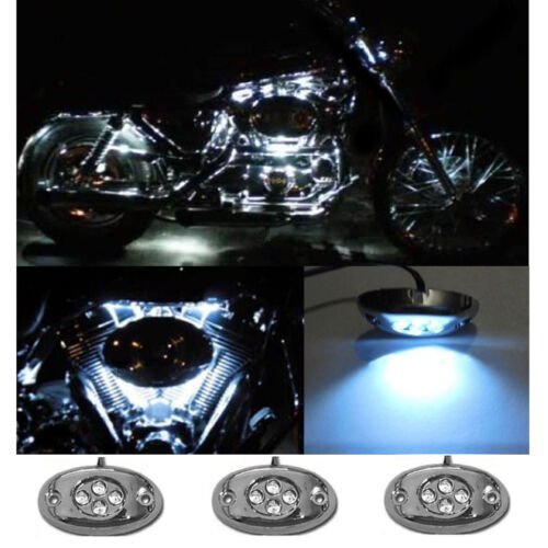 3Pc White LED Chrome Modules Motorcycle Chopper Frame Neon Glow Lights Pods Kit