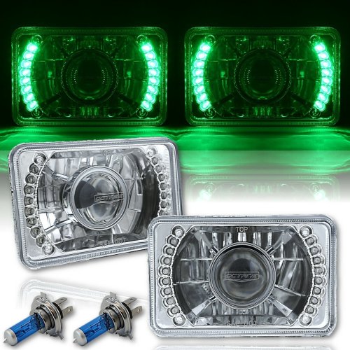 4X6" Green LED Halo Projector Halogen Headlight Headlamp Bulb Crystal Clear Pair