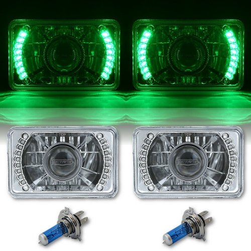 4X6" Green LED Halo Projector Halogen Headlight Headlamp Bulb Crystal Clear Pair