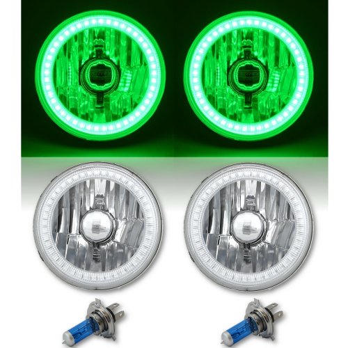 5-3/4" Green SMD LED Halo Angel Eye Halogen Light Bulb Crystal Headlight Pair