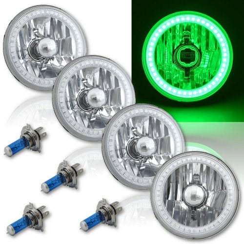 5-3/4 SMD Green LED Angel Eye Halo Crystal Clear Headlight Halogen Bulb Set of 4