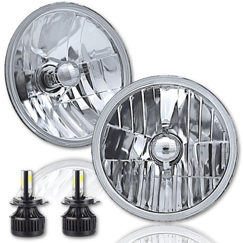 7" H6024 6014 Crystal Glass Headlight 12v LED 26/40w H4 Light Bulb Headlamp Pair