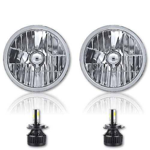 7" H6024 6014 Crystal Glass Headlight 12v LED 26/40w H4 Light Bulb Headlamp Pair