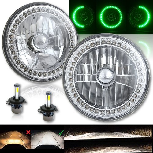 7" Green Halo Ring Angel Eyes 6K 20/40w LED Headlight Headlamp Light Bulbs Pair