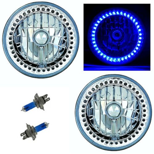 7" Halogen Blue LED Halo Ring Angel Eyes Headlight Headlamp Light Bulbs Pair Img