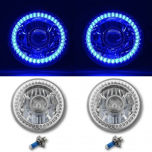 7" Halogen Blue LED Halo Projector Headlight Light Lamp Pair For Jeep Wrangler