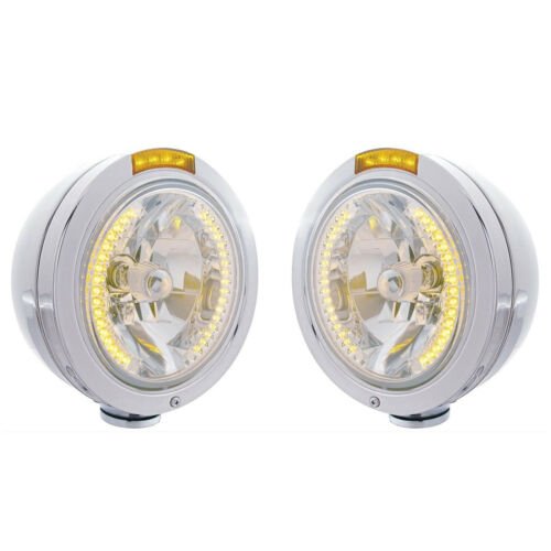 Stainless Bullet H4 7" Headlight Lamp Bulb Bucket w/ Amber LED Halo Lens Pair