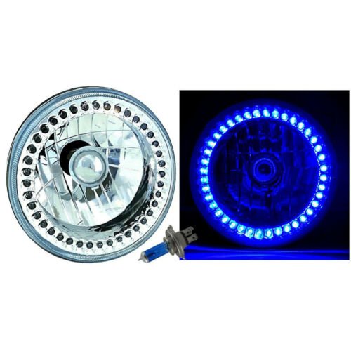 7" Halogen Blue LED Halo Ring Angel Eyes Headlight Headlamp Light Bulbs Pair Img