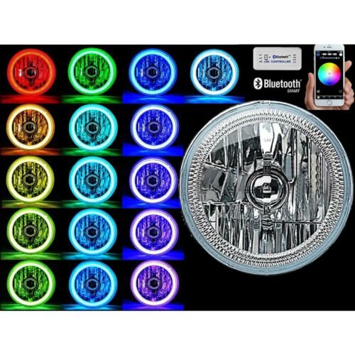 7" Bluetooth Phone App RGB SMD Color Change LED Halo Angel Eye H4 Headlight Pair