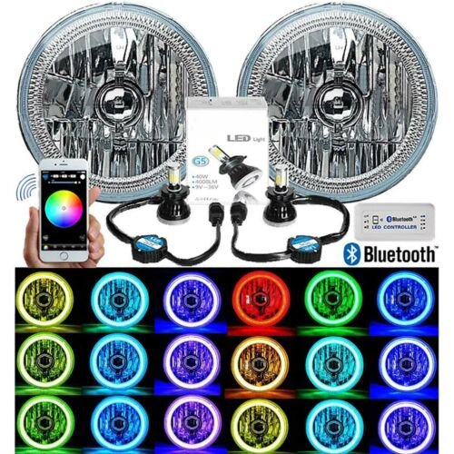 7" Bluetooth Phone RGB SMD Color Change Halo H4 LED Headlights For Jeep Wrangler