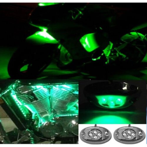 2Pc Green LED Chrome Modules Motorcycle Chopper Frame Neon Glow Lights Pods Kit