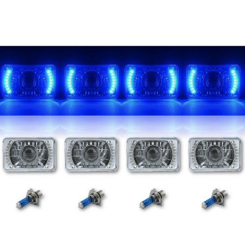 4X6" Blue LED Halo Projector Halogen Headlight Headlamp Bulbs Crystal Clear Set