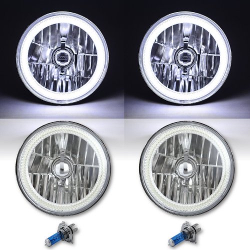 7" White COB LED Halo Angel Eye H4 6k Headlamp Headlight Halogen Light Bulb Pair