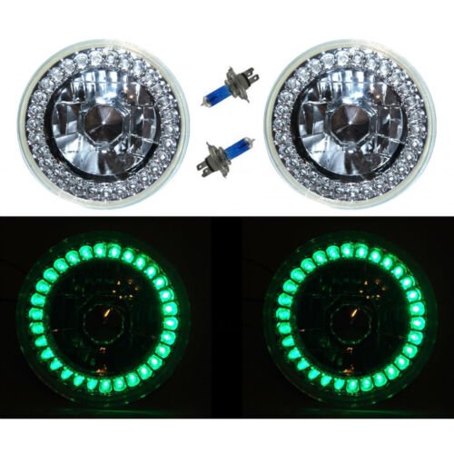 5-3/4 Halogen Green LED Ring Halo Angel Eyes Headlight Headlamp Light Bulbs Pair