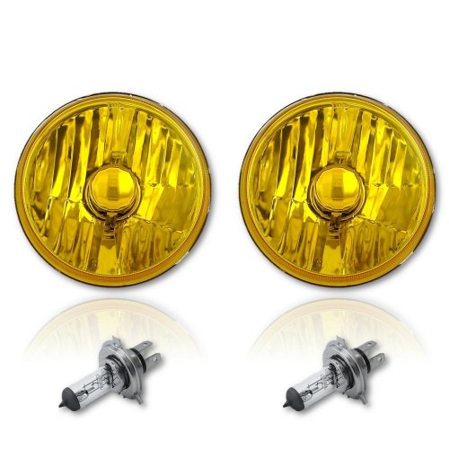 5-3/4" Halogen Amber Yellow Glass Headlight Fog Light H4 60W Light Bulbs Pair