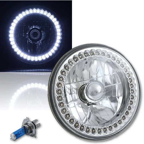 7" Halogen White LED Ring Halo Angel Eyes Headlight Headlamp Light Bulbs Pair