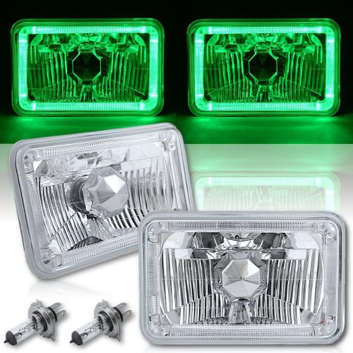 4X6 Green LED Halo Angel Eye Halogen Headlight Headlamp Bulbs Crystal Clear Pair