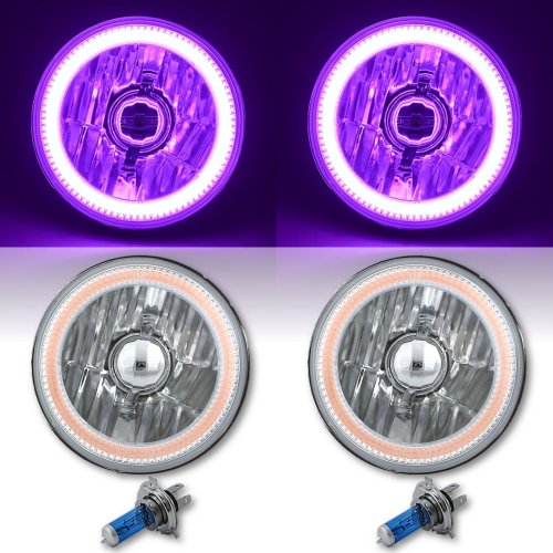 5-3/4 Purple COB SMD LED Halo Angel Eye Halogen Light Bulb Metal Headlights Pair