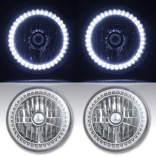 7" Halogen White LED Halo Ring Angel Eye Headlight Headlamp Light Bulbs Pair Img