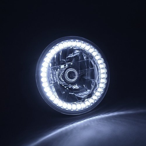 7" Halogen White LED Halo Ring Angel Eye Headlight Headlamp Light Bulbs Pair Img