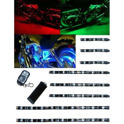 8Pc Motorcycle RGB/Red/Green/Blue/Yellow Glow Lights Flexible LED Strips 12V Kit