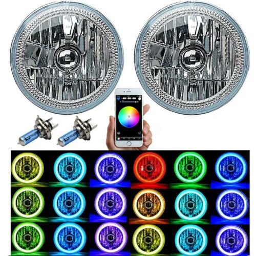 7" Bluetooth Phone App RGB SMD Color Change LED Halo Angel Eye H4 Headlight Pair