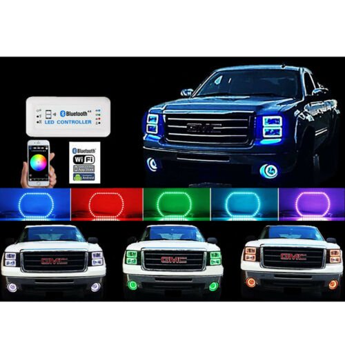 07-13 GMC Sierra Multi-Color Changing LED RGB Headlight Halo Rings BLUETOOTH Set