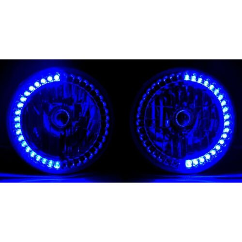 7" Halogen Blue LED Halo Ring Angel Eyes Headlight Headlamp Light Bulbs Pair Img