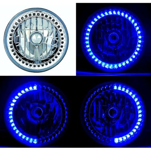 7" Halogen Blue LED Halo Ring Angel Eyes Headlight Headlamp Light Bulbs Pair Img